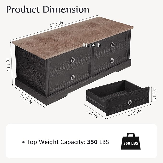 Coffee Table with Storage, 47.2 in Rustic Wooden Center Table with 4 Drawers for Living Room, Easy Assembly Rectangle Home Office Farmhouse Tea Accent Table for Apartment, Oak Black