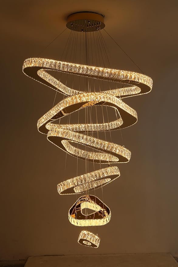 Modern Crystal Chandeliers for High Ceiling 6 Ring Chandelier LED Silver Ceiling Lights Fixtures High Ceiling Chandelier for Foyer Staircase Living Room Dining Room 2700K-6000K