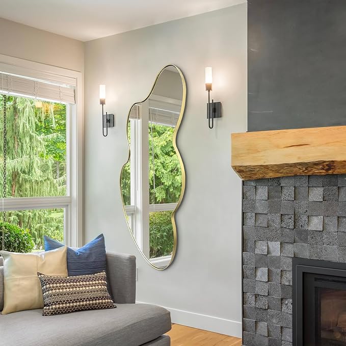 Gold Irregular Mirror, Asymmetrical Wall Mirror, 49.6"x26" Cloud Shaped Mirrors, Large Metal Frame Mirrors for Living Room Bathroom Bedroom Hallway Entryway Fireplace