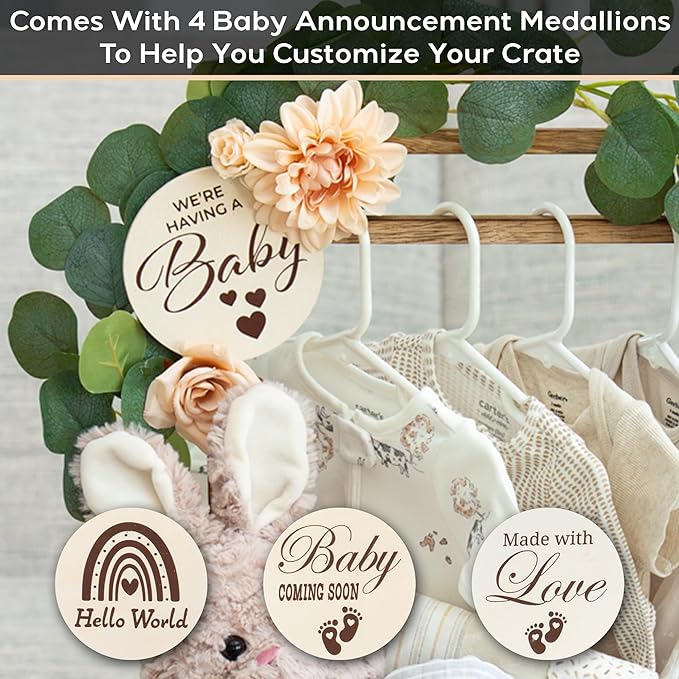 Wooden Baby Shower Crate Closet - Customizable Wooden Crate Box with Dual Rod System, Personalized Baby Shower Basket Alphabet Letters, Easy Assembly Baby Baskets for Baby Shower (Rustic Burnt Wood)