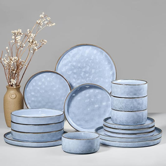 HaWare Dinnerware Sets, 16-Piece Plates and Bowls Set, Stoneware Dish Set for 4, Ceramic Dishware Set for Pasta Cereal, Chip and Scratch Resistant, Microwave and Dishwasher Safe, Reactive Blue