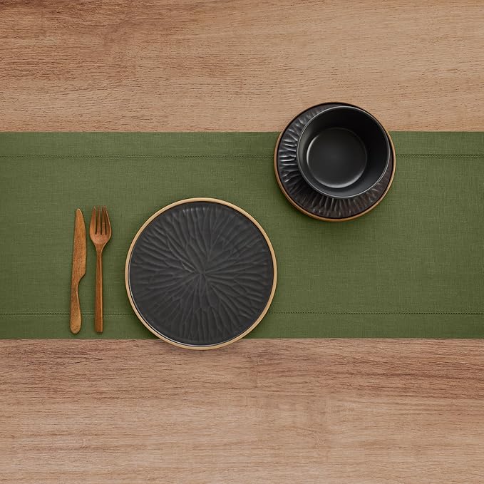 Solino Home Linen Olive Table Runner 72 Inches Long - 100% Pure Linen Hemstitch Table Runner 14 x 72 Inch for Dresser, Dining, Fall, Autumn, Thanksgiving - Classic Hemstitch