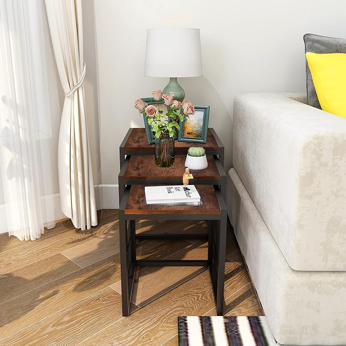 Nesting Table Set of 3 Side Tables, Modern Coffee Table Stacking End Table with Metal Frame，Brown