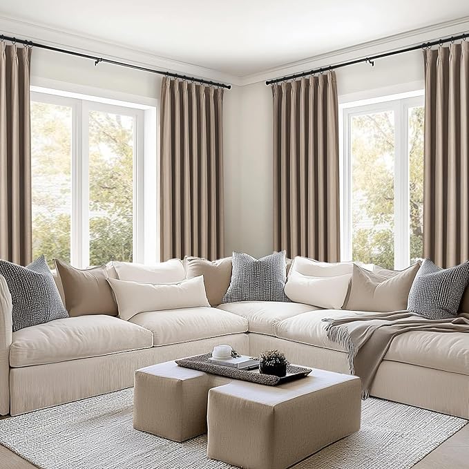Topfinel Extra Long Total Blackout Linen Curtains 120 Inches Long for Living Room Large Window with Hooks Rings, Pinch Pleated Cold Blocking Acoustic Heavy Taupe Track Curtains 2 Panels 10 FT