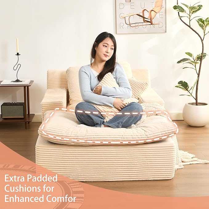 63" Oversized Chaise Lounge Chair Indoor, Extra Cloud Layer, Convertible Sleeper Sofa Couch with Removable Pillows & Side Pockets, Corduroy Upholstered Sofa Bed with Armrests for Living Room, Beige
