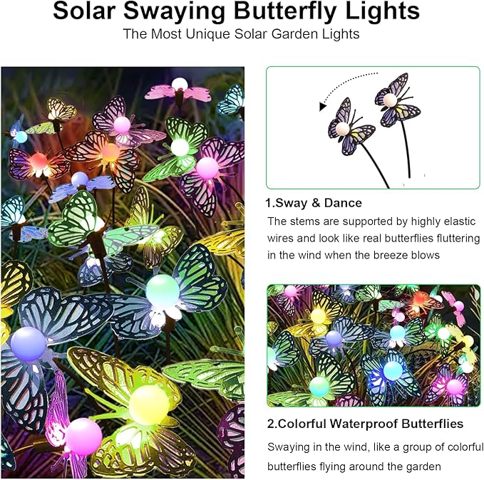 Solar Garden Butterfly Lights, 6 Pack 48 LED Solar Swaying Lights, 7 Color Changing Waterproof Firefly Light Outdoor Fairy Light for Garden Patio Yard Pathway Flower Bed Decoration