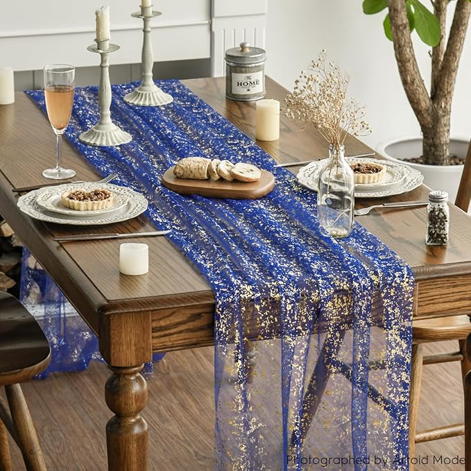 Artoid Mode 3PCS Blue Gold Gauze Table Runner 120 Inch 10FT, Glitter Metallic Foil Sheer Dining Wedding Anniversary Holiday Table Decor for Home Party