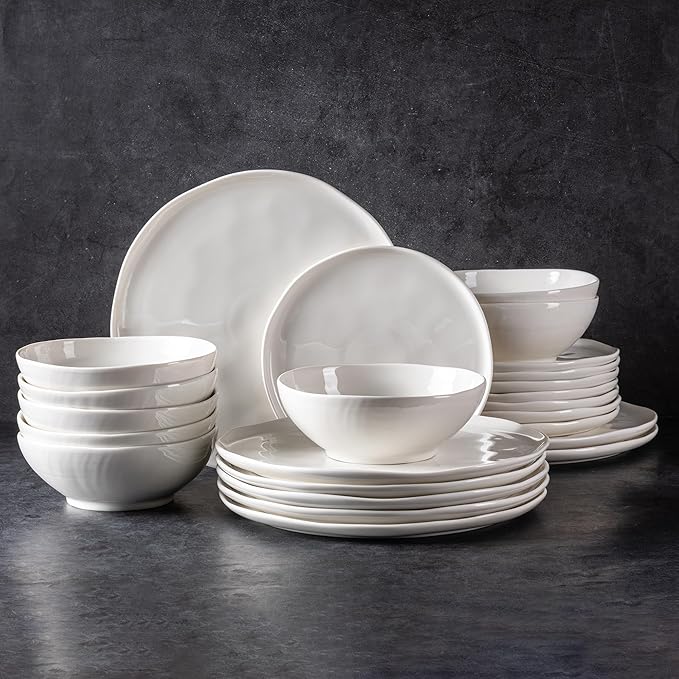 LERATIO Ceramic Dinnerware Sets for 8,Porcelain Plates and Bowls Sets with Wavy Edge, Oven &Microwave & Dishwasher &Safe,Light Weight & Scratch Resistant Dishes Sets-Service for 8 (24pcs)