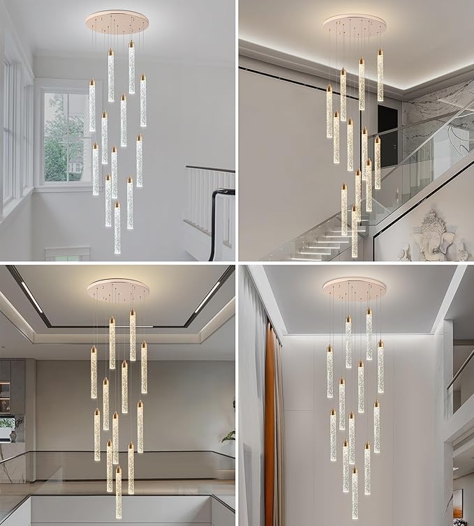 12-Lights High Ceiling Crystal Staircase Chandelier Gold, Modern Spiral Raindrop Dimmable LED Bubble Cluster Ceiling Hanging Lighting Fixture for Foyer Living Room Entrance Remote Control