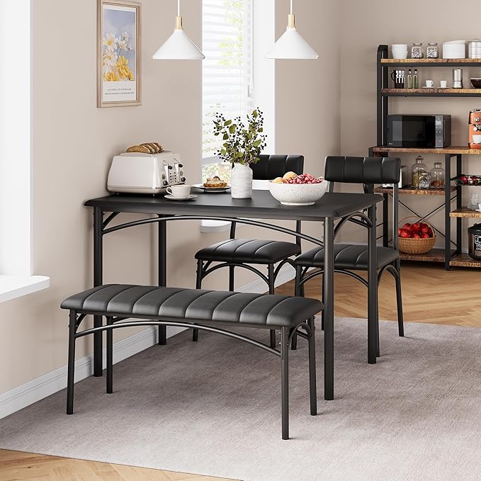 IDEALHOUSE Dining Table Set for 4, Kitchen Table with Chairs for 4, Rectangular Wood Dining Room Table Set with Upholstered Bench for Small Space, Dinner, Apartment, Retro Black