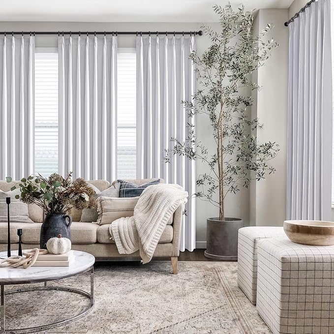 Topfinel White 90 Inches Long Blackout Natural Linen Curtains for Bedroom, Pinch Pleated Sound Blocking Curtains, Decorative Elegant Farmhouse Lined Drapes 2 Panels Set for Living Room Sliding Door