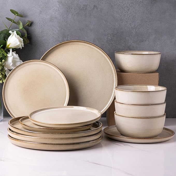 AmorArc Stoneware Dinnerware Sets,Round Reactive Glaze Ceramic Plates and Bowls Set,Highly Scratch Resistant | Dishwasher & Microwave Safe Dishes,Service for 6 (18pc)