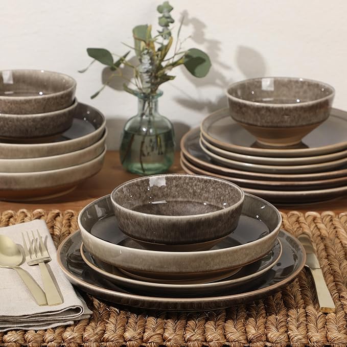 Gibson Elite Hailstone 16 Piece Stoneware Reactive Glaze (Service for 4) Ceramic Plates and Bowls Dinnerware Set - Black