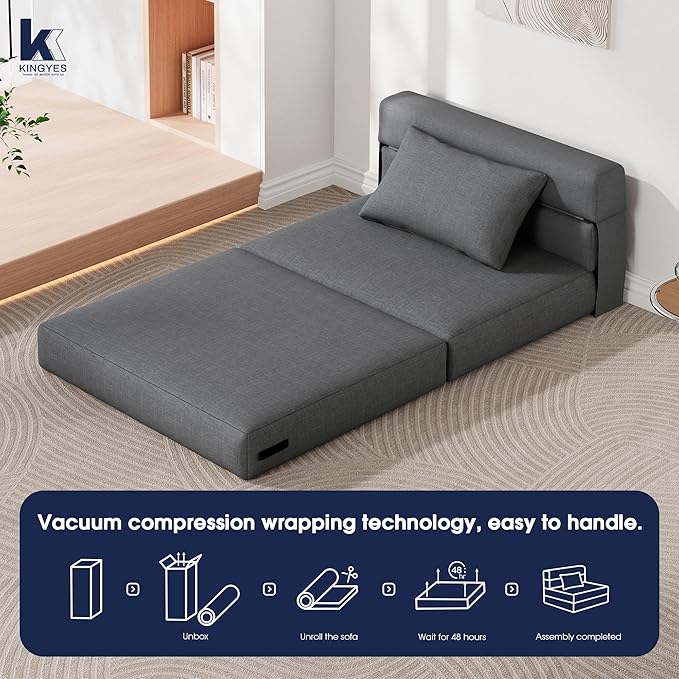 KINGYES 4 in 1 Foldable Sofa Bed, Modern Folding Sleep Chair with Back Cushion, Convertible Chair Sleeper, Grey