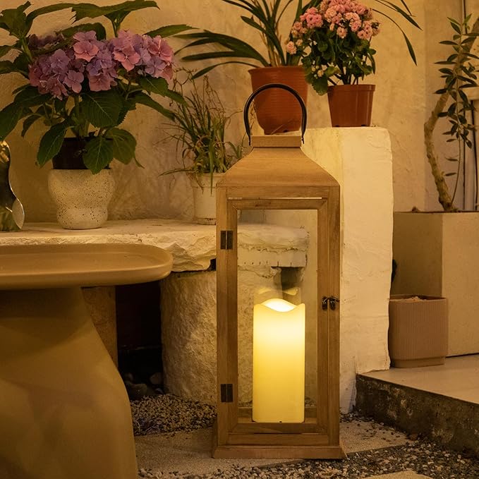 Bdor 2 Pack Lanterns Decorative - 27.5in New Zealand Pine Lanterns Decorative with Flameless Pillar Candles, Decorative Lanterns for Home Decor, Indoor Outdoor, Front Porch, Garden, Farmhouse Style