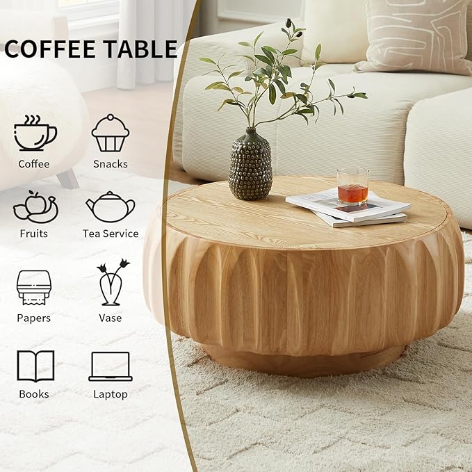 31.5" Round Coffee Table Drum Table Contemporary Wood Fluted Centry Table with Solid Wood Veneer for Living Room (Natural)