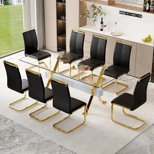 9 Piece Glass Dining Table Set, 79" Modern Dining Table Set for 8, 0.5" Thick Tempered Glass Tabletop with Silver Chrome Metal Legs and Grey Crossbar, 8 PU Chairs for Dining Room, Kitchen