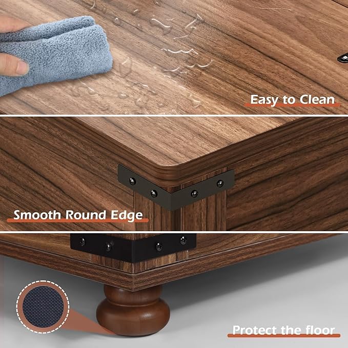 Farmhouse Coffee Table with Storage, Large Square Coffee Table with Wood Gourd Feet and Hydraulic Gas Rod for Living Room, Walnut