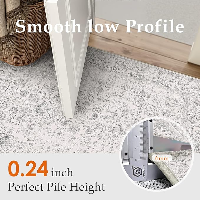 Gray Runner Rug 2x7 Hallway Machine Washable Kitchen Vintage Distressed Non Slip Long Carpet Indoor Grey Retro Floral Bedroom Accent Throw Rug for Bathroom Office Laundry Dining Living Room