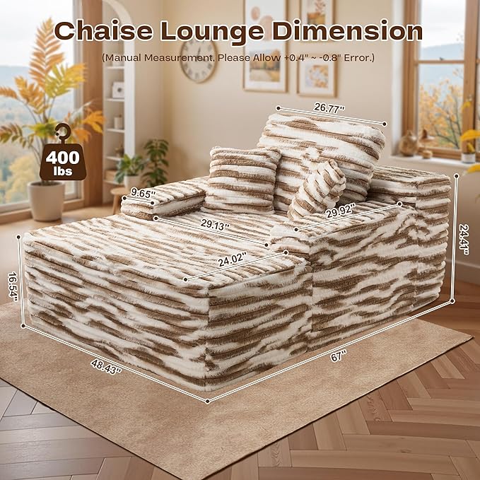 Chaise Lounge Chair Indoor, Oversized Sleeping Couch 67" L * 48.5" W Assembly Free Modern Minimalist Sofa, Extra Deep Large Single Seat Sofa for Living Room (Brown&White Plush)