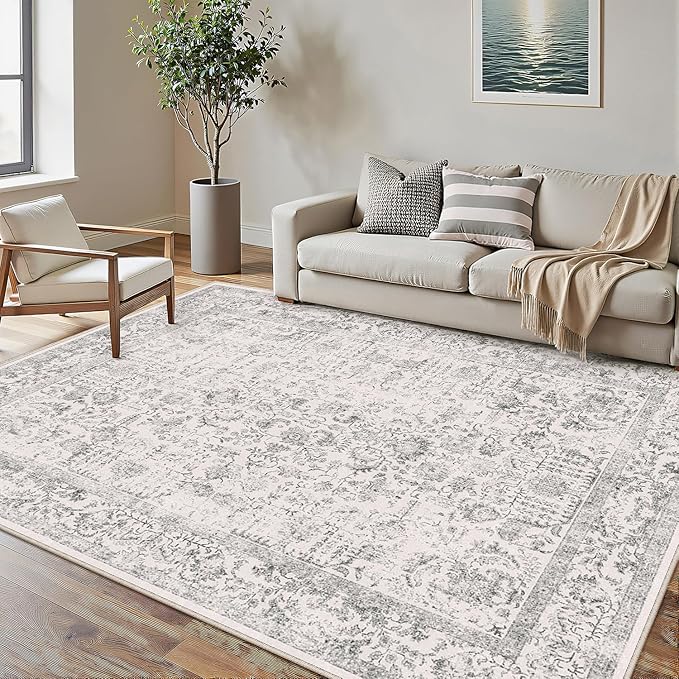 Gray Area Rug 5x8 Machine Washable Vintage Living Room Distressed Non Slip Carpet Traditional Indoor Bedroom Grey Retro Floral Accent Throw Large Rug for Office Kitchen Bathroom Dining Room