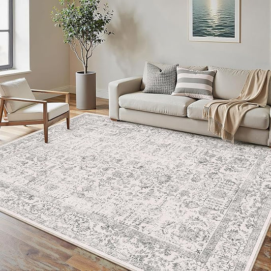 Gray Area Rug 5x8 Machine Washable Vintage Living Room Distressed Non Slip Carpet Traditional Indoor Bedroom Grey Retro Floral Accent Throw Large Rug for Office Kitchen Bathroom Dining Room