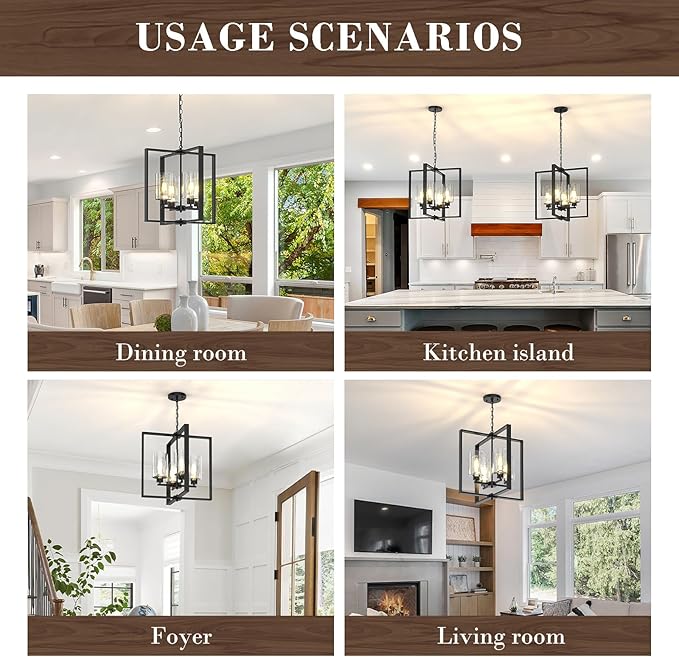 4-Light Farmhouse Chandelier Light Fixture, 18in Black Dining Room Chandeliers with Glass Shade Modern Lighting Fixtures Ceiling Pendant Lamp for Kitchen Island Entrance Foyer Living Room