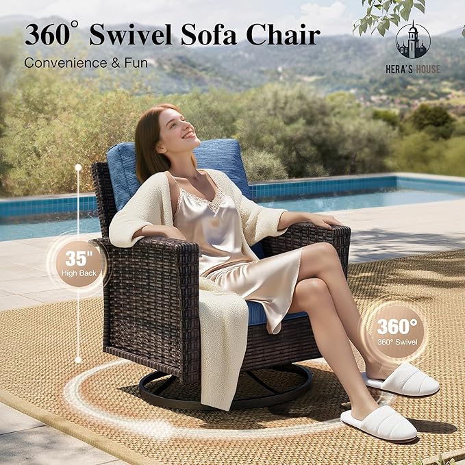 Luxury Patio Furniture Set with 5.5" Thick Cushion, Outdoor Seating Furniture, High Back Swivel Chairs with Tempered Glass Table, Wicker Conversation Sofa Set for Deck Lawn Deck Yard, Blue
