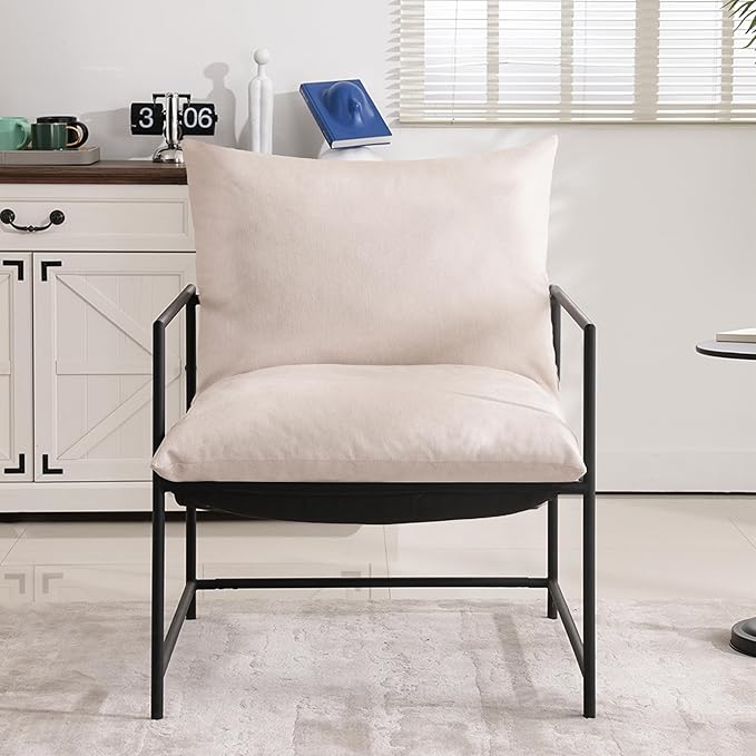 Sling Accent Chair with Metal Frame, Modern Armchair with Memory Foam Cushion, Comfy Lounge Chair for Living Room Bedroom Balcony, Beige