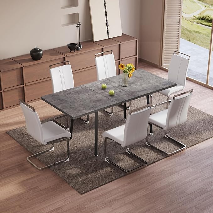 7 Piece Dining Table Set for 6-8,55-71" Extendable Dining Table Set with 6 Upholstered Chairs,Rectangle Kitchen Table Set for Small Space,Dining Room and Office,Grey