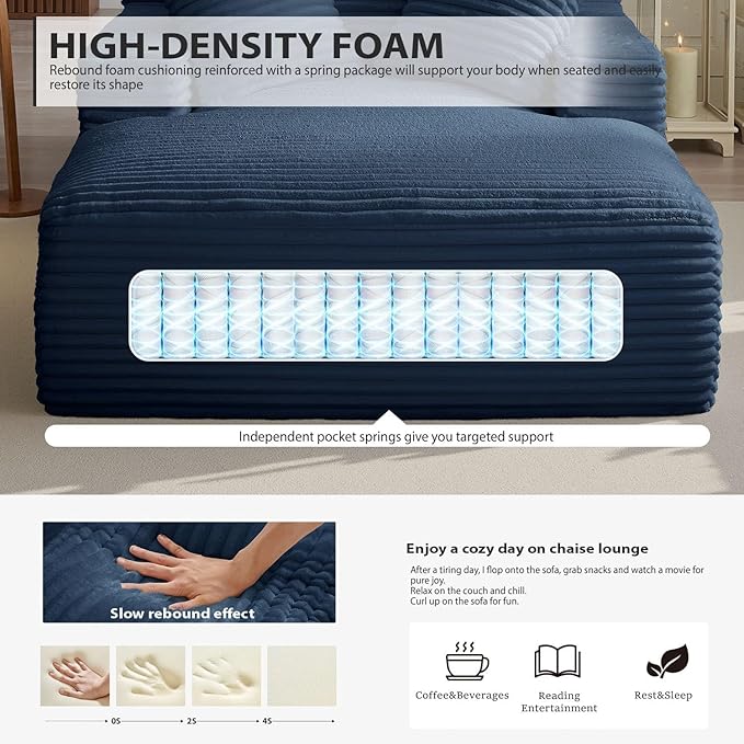 Oversized Chaise Lounge Chair Indoor, Corduroy Sofa Bed with Throw Pillows, Cozy Cloud Couch, Upholstered Sleeper Sofa Couch for Living Room, Bedroom, Apartment, Blue