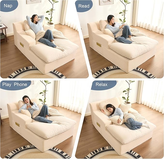 63" Oversized Chaise Lounge Chair Indoor, Extra Cloud Layer, Convertible Sleeper Sofa Couch with Removable Pillows & Side Pockets, Corduroy Upholstered Sofa Bed with Armrests for Living Room, Beige