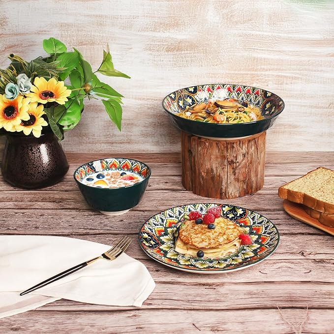 YA JU Mandala Dinnerware Sets (12 Pcs) Serves 4, Buffet Dinnerware, Boho Plates and Bowls Dish Set with 8" salad Plate 8" Dessert Plate 4.8" bowl, apply Casual dining Indoor Outdoor Dining Party
