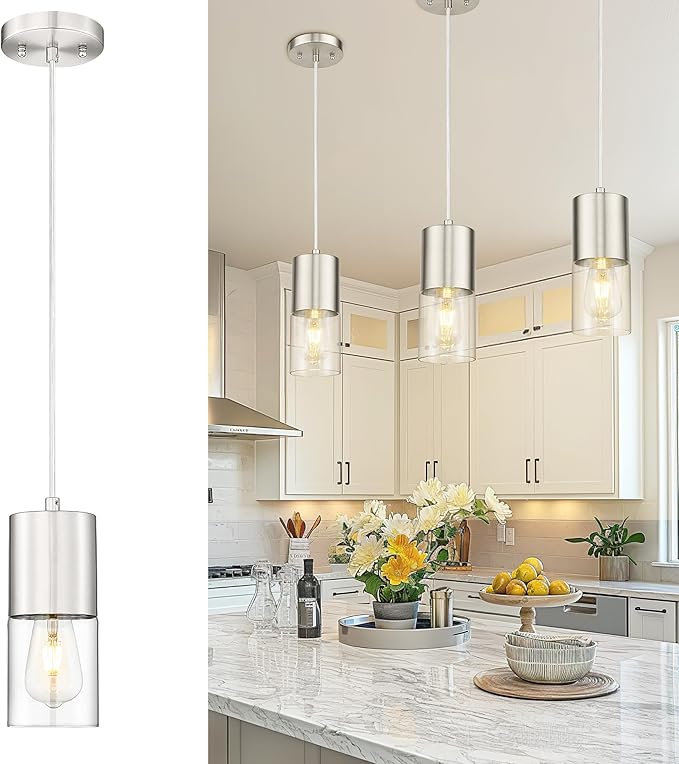 Pendant Lights Kitchen Island, Brushed Nickel Hanging Lights Fixtures with Cylinder Clear Glass, Modern Kitchen Pendant Lighting Over Island for Dining Room, AD-24023-1P-SN