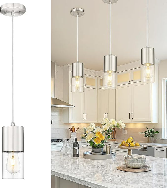 Pendant Lights Kitchen Island, Brushed Nickel Hanging Lights Fixtures with Cylinder Clear Glass, Modern Kitchen Pendant Lighting Over Island for Dining Room, AD-24023-1P-SN