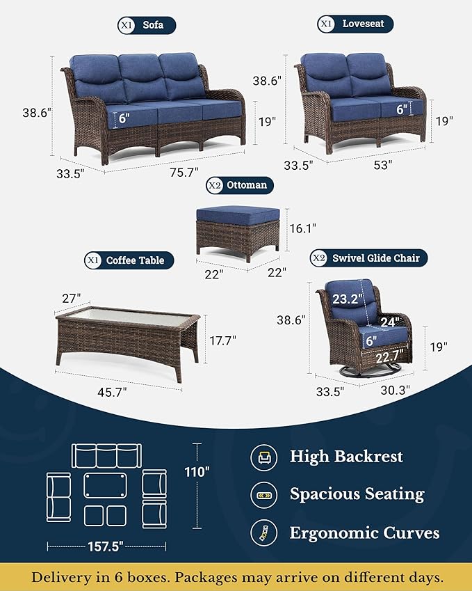 HILLGA Luxury High Back Patio Furniture Set with 6-Inch Thick Cushion, 7-Piece Outdoor Conversation Set with Sofa, Swivel Rocker Chairs & Ottomans, Ideal for Porch Pool Deck Yard (Blue)