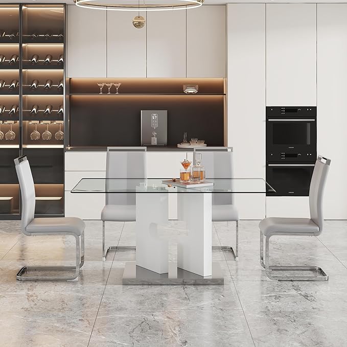 Glass Dining Table Set of 4, 63" Dinner Room Glass Table Set for 4, Modern Kitchen Dinner Table Set with 4 Upholstered Faux Leather Dining Chairs for Living Dining Office Room