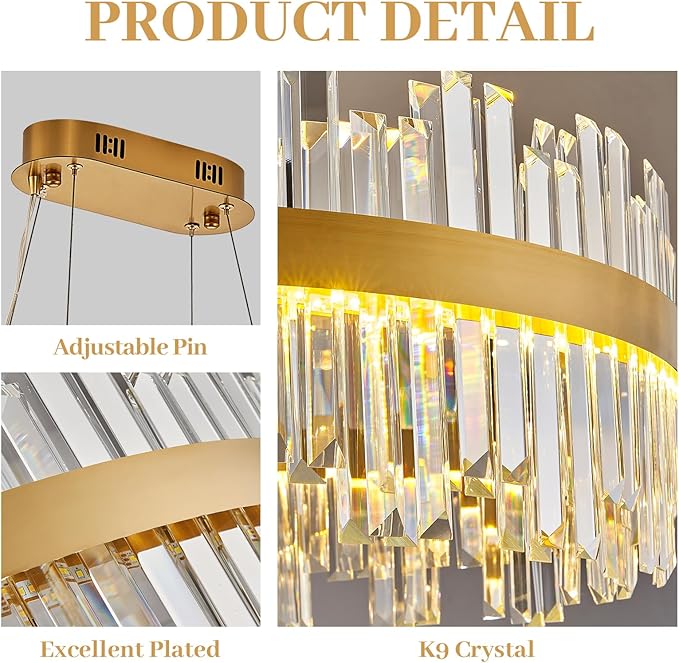 39.3" Dimmable Rectangle LED Crystal Chandeliers,Gold Chandelier Light, 3 Colors Contemporary Pendant Ceiling Light for Dining Room Living Room Kitchen Island Entryway Foyer,with Remote Control