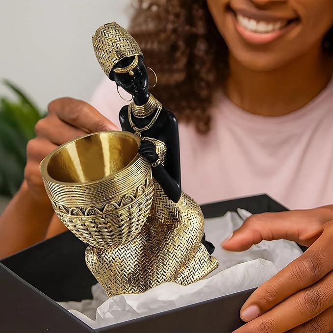 African Resin Woman Statue with Bowl – Golden Kneeling Tribal Figurine for Home Decor, Candy Dish, Jewelry Holder, Boho Shelf Accent