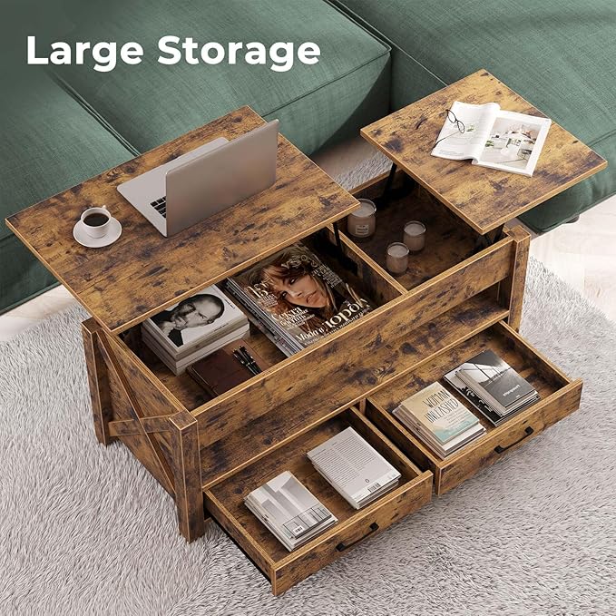 Seventable Coffee Table, 39.3" Lift Top Coffee Table with 2 Storage Drawers and Hidden Compartment, Farmhouse Center Table with Wooden Lift Tabletop, for Living Room,Rustic Brown