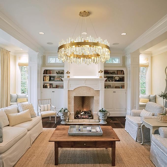 Gold Modern Crystal Chandelier, Round K9 Crystal Chandelier for Dining Room, Adjustable Height Pendant Light Fixture for Living Room Bedroom Kitchen Island D30