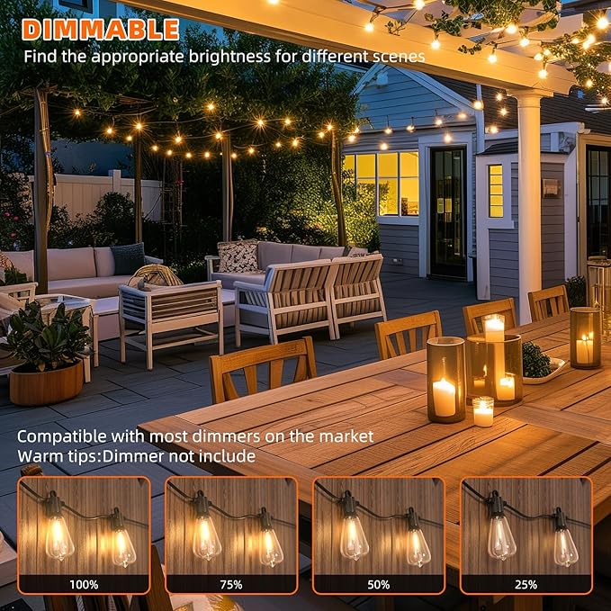 Kawaya 50FT Outdoor String Lights - Outside LED Patio Light with 25+2 Shatterproof Vintage Edison Bulbs - 2700K Dimmable IP65 Waterproof Hanging Lighting for Yard Porch Deck Balcony Bistro Cafe Party