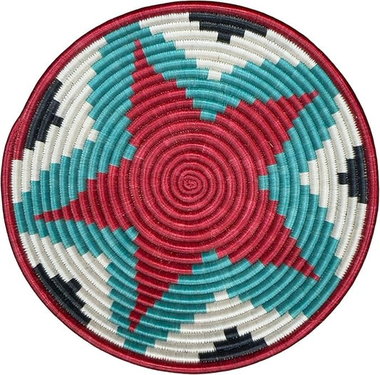 Handwoven African Basket Handmade sisal Fruit Bowl Wall Hanging decorative Baskets for Home Living Room Kitchen Centerpiece Zen Designs Arts and Crafts (Turquoise Red White, 8in diameter)