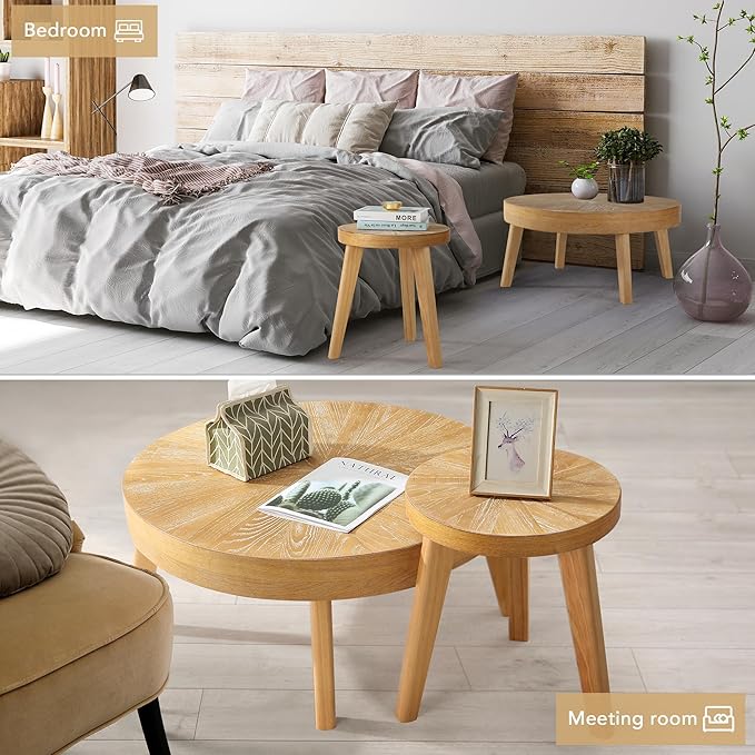 Farmhouse Round Coffee Table Set of 3, Boho Sofa Side Nesting Tables End Table Set with Wood Natural Finish for Living Room, Bedroom, Home Office,Natural