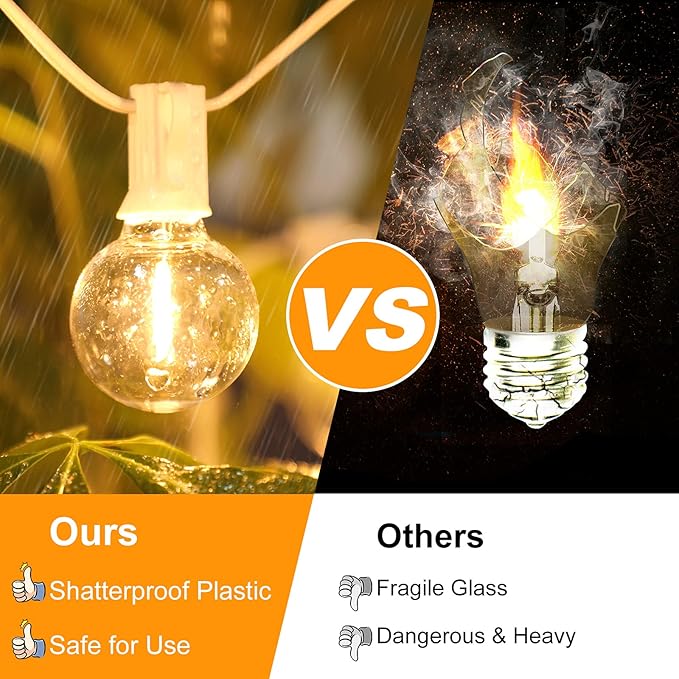 Outdoor G40 LED Globe String Lights 25FT Dimmable Shatterproof Waterproof Patio Lights with 12+2 Bulbs Connectable Commercial Hanging Light for Patio Balcony Backyard Party (White Wire)