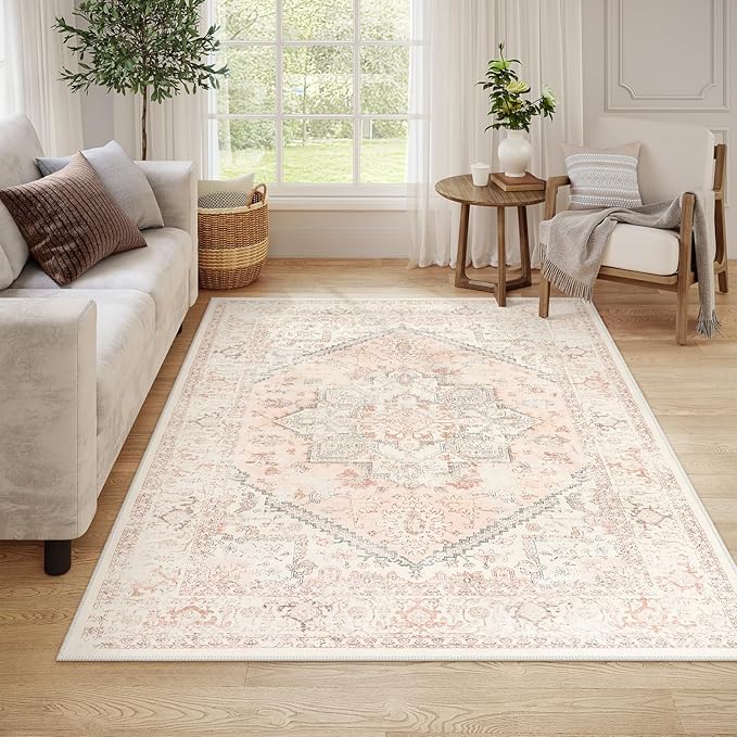 LIVEBOX Large Vintage Area Rug 6x9 - Washable Retro Tribal Pink Rug for Living Room, Soft Boho Anti-Skid Carpet Low-Pile Stain Resistant Floral Rugs for Girl Room Office