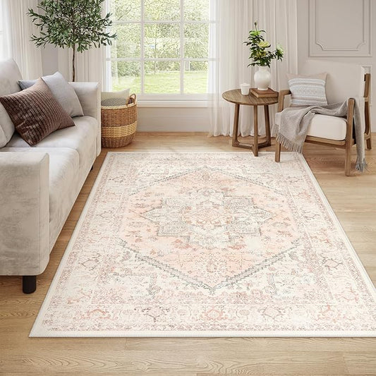 LIVEBOX Large Vintage Area Rug 6x9 - Washable Retro Tribal Pink Rug for Living Room, Soft Boho Anti-Skid Carpet Low-Pile Stain Resistant Floral Rugs for Girl Room Office
