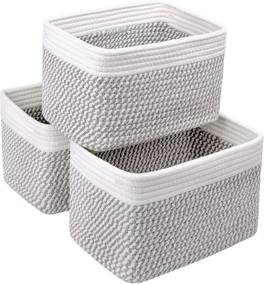 Small Cotton Rope Basket – Storage Bin for Organizing (10.6" x 6.7" x 6.7"), Bathroom Storage Basket for Shelf, Counter & Closet（White & Mixed Grey）