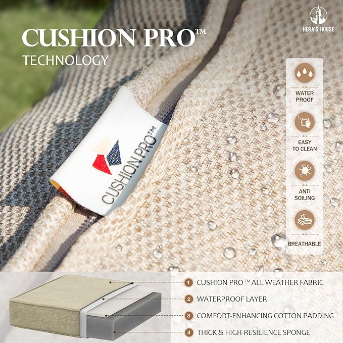 HERA'S HOUSE 4 Piece Patio Furniture Set, 2 x Swivel Cushioned Chair, 3-Seat Sofa with Marbling Coffee Table, All Weather Outdoor Conversation Set for Lawn Garden Backyard