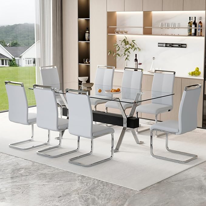 9 Piece Glass Dining Table Set, 79" Modern Dining Table Set for 8, 0.5" Thick Tempered Glass Tabletop with Silver Chrome Metal Legs and Black Crossbar, 8 PU Chairs for Dining Room, Kitchen